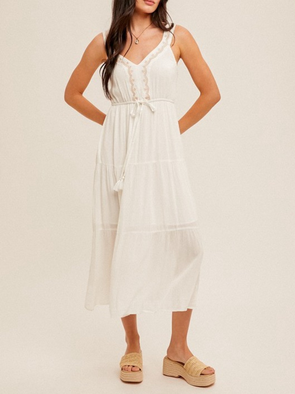☀️SALE☀️EMBROIDERED DEATIL TIERED MIDI DRESS|ECRU